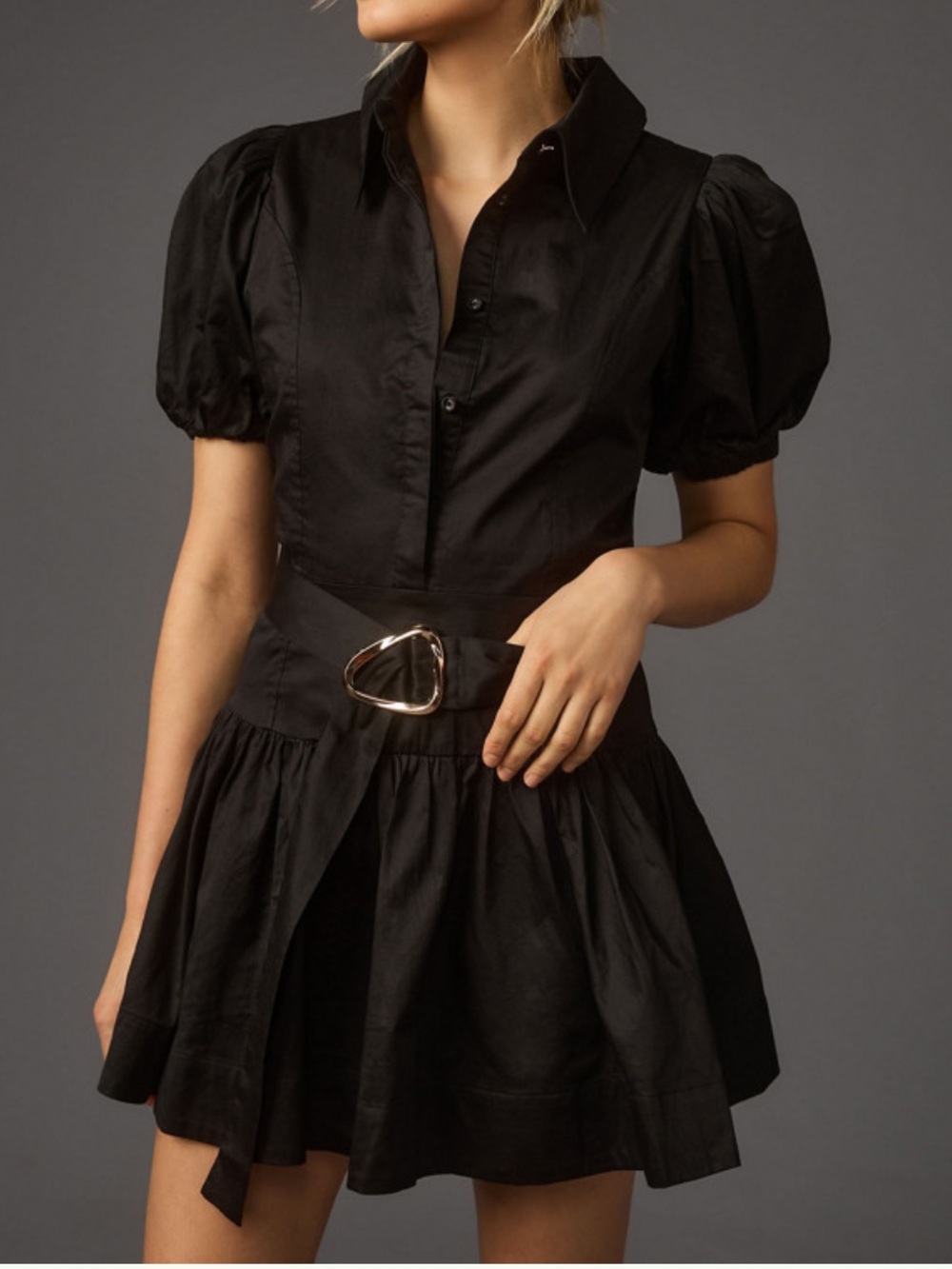 Anthropologie Black Puff-Sleeve Belted Mini Dress